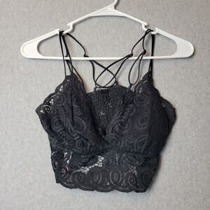 Victoria's Secret PINK Black Lace Crochet Strappy Smocked Bralette Women's Med